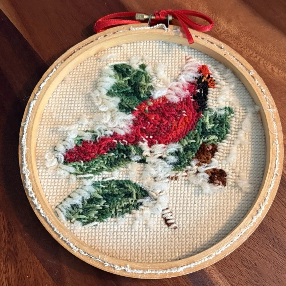 Vintage Cardinal Needlepoint‎ Wall Art 8in Embroidery Hoop Framed Remembrance
